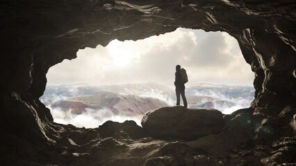 success achievement,hiker standing on top of a mountain cave enjoy the view,climber female enjoying 