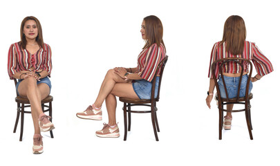 Wall Mural - front ,back and side view of a group of same woman sittiing on chair on white background