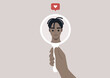 © nadia_snopek - High self esteem, a character looking at themselves in a hand mirror, a like icon popping up above