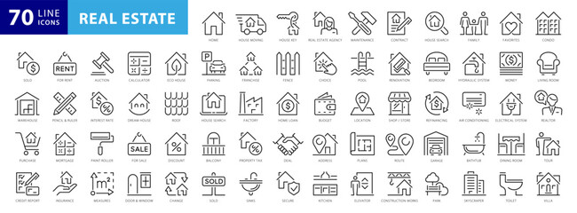 Real Estate thin line icons. Real estate symbols set. Home, House, Agent, Plan, Realtor icon. Real estate icons set. Vector illustration