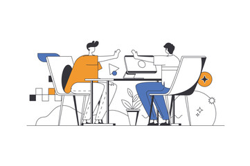 Fototapete - Best feedback web concept in flat outline design with characters. Client writing comments and evaluating. Company employee reads customer reviews. User experience people scene. Vector illustration.