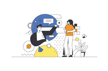 Aufkleber - Creative agency web concept in flat outline design with characters. Man and woman designers generate creative ideas and develop advertising campaign for business, people scene. Vector illustration.