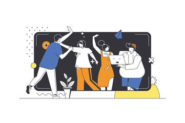 Leinwandbilder - Focus group web concept in flat outline design with characters. Man and woman doing market research, studying buyers, brainstorming and planning company strategy, people scene. Vector illustration.
