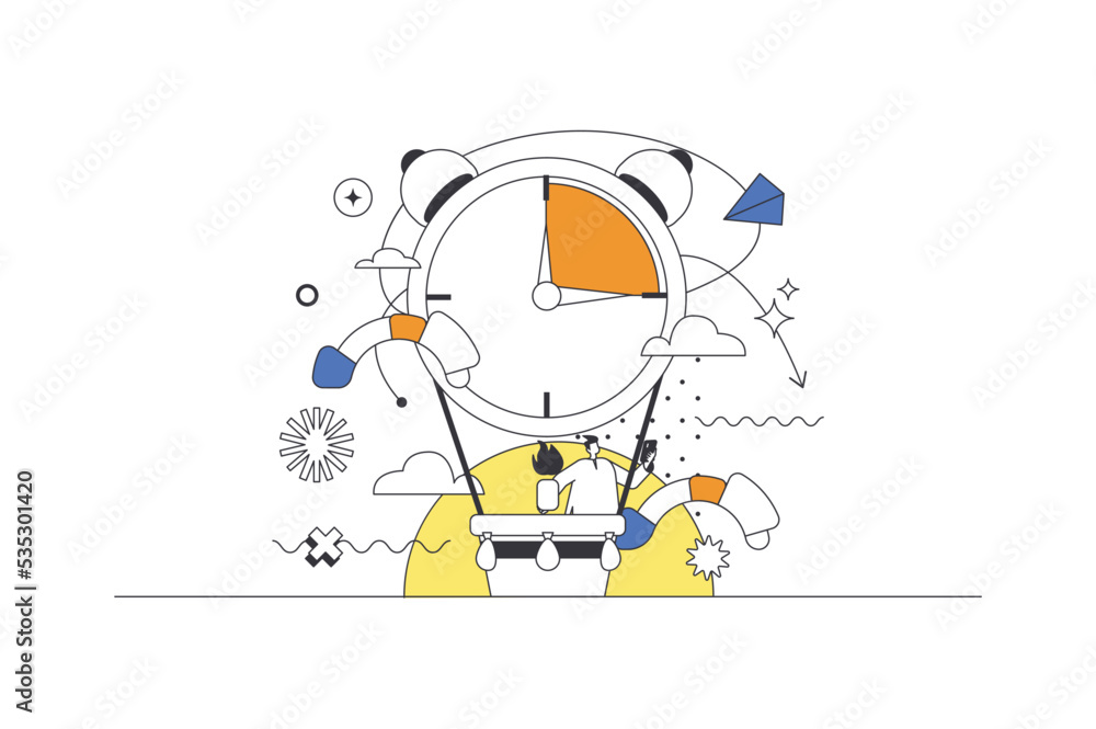 Time management web concept in flat outline design with character. Man ...