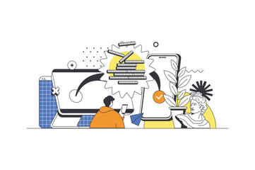 Poster - Virtual finance web concept in flat outline design with character. Man manages personal finances in account, makes transactions and online shopping, mobile banking people scene. Vector illustration.