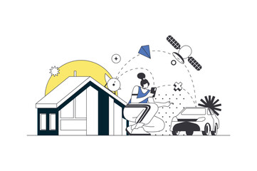 Wireless technology web concept in flat outline design with character. Woman monitors smart home sensors and controls house and car using program on mobile phone, people scene. Vector illustration.