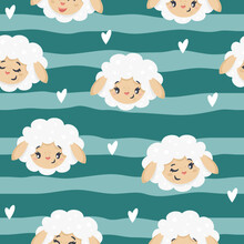 Seamless Vector Pattern. Muzzles Of Smiling Sheep. Satisfied Rams On Striped Background, Hearts 