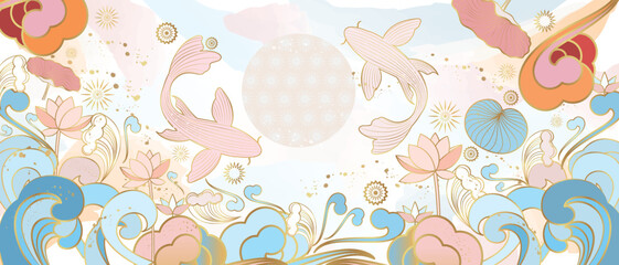 Wall Mural - Vector poster with a Japanese theme. Line art style. Koi carps on the waves. Abstract art background vector	