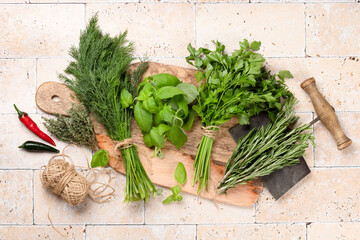 Canvas Print - Various garden herbs on table