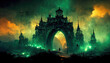 AI generated image of a post-apocalyptic gothic citadel with mysterious foggy atmosphere 