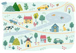 © Anna Ivanir - Little village vector cartoon map with cars, roads, little houses, lake. Travel nature children design