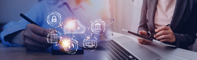 man use Laptop with cloud computing diagram show on hand. Cloud technology. Data storage. Networking and internet service concept.