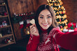 Portrait of positive pretty lady hand hold small heart shape cookie take selfie festive magic house indoors