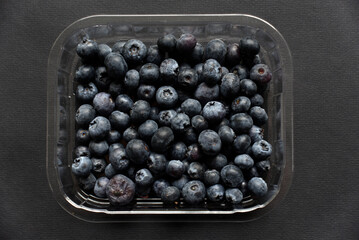 Wall Mural - Fresh juicy blueberries Vaccinium myrtillus in a container on a black background.