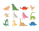 Fototapeta Dinusie - Cute dinosaur set. Collection with funny dinosaurs characters. Vector cartoon illustration.