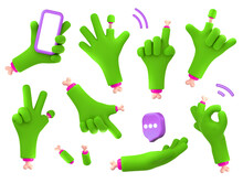 Zombie Hands 3d Render Set, Green Monster Character Palm Gestures, Funny Green Halloween Personage Fingers With Bones Holding Mobile, Ok, Pointing, Rock, Isolated Illustration In Cartoon Plastic Style