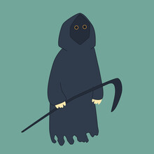 Halloween Illustration Of Death With A Scythe In A Black Cloak And Yellow Eyes. Isolated Vector Image On A Green Background.