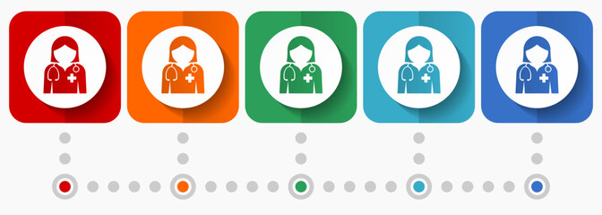 Leinwandbilder - Female doctor vector icons, infographic template, set of flat design symbols in 5 color options
