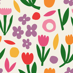 Aesthetic Contemporary printable seamless pattern with retro groovy flowers. Decorative Naive 60's, 70's style Vintage boho background in minimalist mid century style for fabric, wallpaper or wrapping
