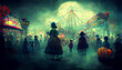 haunted boardwalk carnival at halloween with shady figures, created with generative ai