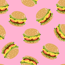 Seamless Pattern With Burger On Pink Background. Fast Food, Junk Food Pattern. American Food.Vector Background For Fast Food Banner, Textile, Wrapping Paper, Package.