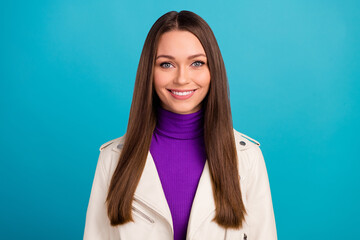 Wall Mural - Close up photo of good looking lady long healthy hair white shiny smile wear trendy clothes isolated on blue color background