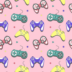 Wall Mural - Seamless pattern gamepad in retro style. Game controller vector illustration