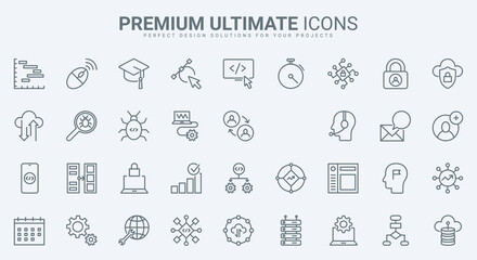 Fototapete - Support for computer software, program code thin line icons set vector illustration. Outline maintenance of cloud service, data export, modify and synchronisation with server, antivirus programming