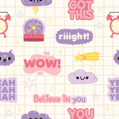 Kids friendly seamless pattern with cute cartoon motivation quotes, cat , star, comet, alarm in the background in a cage in japan kawaii style with smile. Background, wallpaper, wrapping, textile