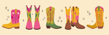 Cowboy Western Theme Wild West Concept. Various Cowboy Boots. Wild West Clipart Icons. Hand Drawn Colored Vector Set. All Elements Are Isolated.Hand Drawn Colored Flat Vector Illustration.