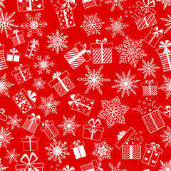 Wall Mural - Seamless pattern made of complex Christmas snowflakes and gift boxes with different patterns, in red colors