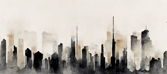 Abstract cityscape watercolor painting with black and white color. 3D render. Raster illustration.