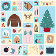 Christmas decoration set vector illustration. Cartoon cute winter season elements collection with gingerbread, mistletoe wreath and crystal ball, hat and gifts for kids in square collage background