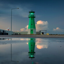 Green Lighthouse On The Western Breakwater In Nowy Port, Gdansk.