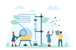 © Flash Vector - Chemistry, science and laboratory research vector illustration. Cartoon tiny scientist holding lab magnifying glass to watch scientific experiment, researcher analyzing liquid in flask distiller
