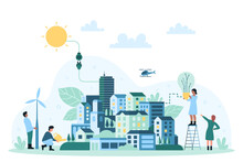 Green Energy For Homes Of Eco Friendly City Vector Illustration. Cartoon Minimal Geometric Cityscape With Solar Panels And Windmill, Skyscrapers And Park, People Connect Light Bulb To Electric System
