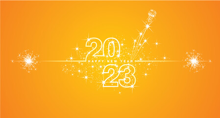 happy new year 2023 eve line design loading sparkle firework champagne open white orange yellow vect
