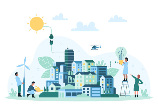 green energy for homes of eco friendly city vector illustration. cartoon minimal geometric cityscape