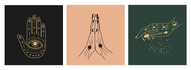 Wall Mural - Set of linear vector illustrations. Hand-drawn magical hands. Design elements for decoration in modern style. Cursing hands. mystical elements.
