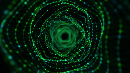 Leinwandbilder - Abstract 3d portal. Circle tunnel or wormhole. Digital background with connected green dots. 3d rendering.