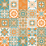 Fototapeta Kuchnia - Azulejo talavera ceramic tiles, moroccan arabic wall decoration style, green orange seamless pattern vector illustration