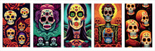 Set Vertical Posters Day Dead. Traditional Vetor Illustration Holiday Mexican Region, With Sugar Skulls Tribute Deceased. With Floral Ornament Flower Garland. Design Fabrics, Textiles, Paper