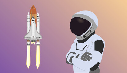 Wall Mural - space astronaut in new space suit in a front of space shuttle flight isolated on purple and yellow b
