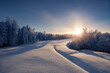 An icy cold magical sunrise a white winter wonderland