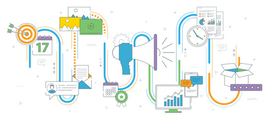 Wall Mural - Advertising and marketing communication icons. Concepts for business marketing, analytics and strategy in social networks and social media. Thin line vector illustration.