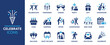 © Icons-Studio - Celebrate icon set. Containing celebration, fireworks, cheers, party, gift, champagne, surprise, event, balloon and invitation. Solid icons vector collection.