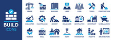 Build And Construction Icon Element Set. Containing Crane, Building, Land, Excavator, Maintenance, Contractor, Worker, Architecture And More. Solid Icons Vector Collection.