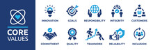 Core Value Icon Banner Collection. Containing Innovation, Goals, Responsibility, Integrity, Customers, Commitment, Quality, Teamwork, Reliability And Inclusion. Vector Solid Collection Of Icons.