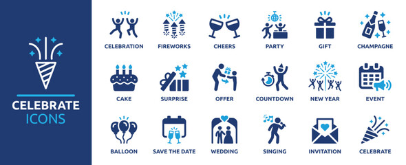 celebrate icon set. containing celebration, fireworks, cheers, party, gift, champagne, surprise, eve