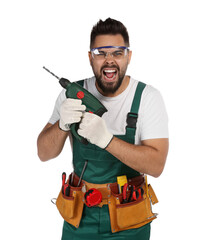 Wall Mural - Emotional worker in uniform with power drill on white background